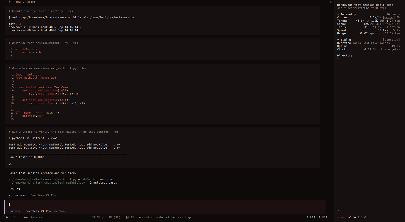 hordecode TUI running a real single-agent coding session: writing a function, writing its unit tests, and running them to green